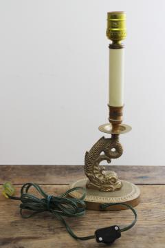 catalog photo of vintage brass dolphin fish candlestick lamp, table or desk accent lamp