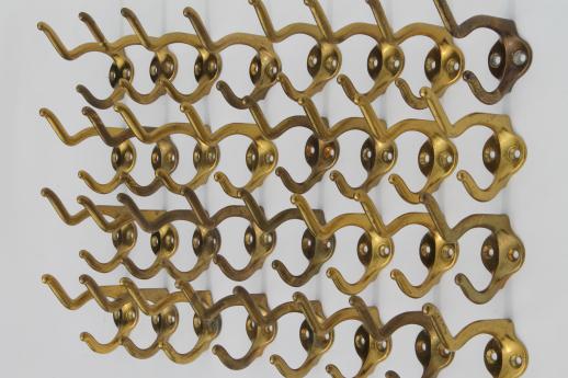 photo of vintage brass double coat hooks, lot of 33 brass plated wall hooks for coat rack #1