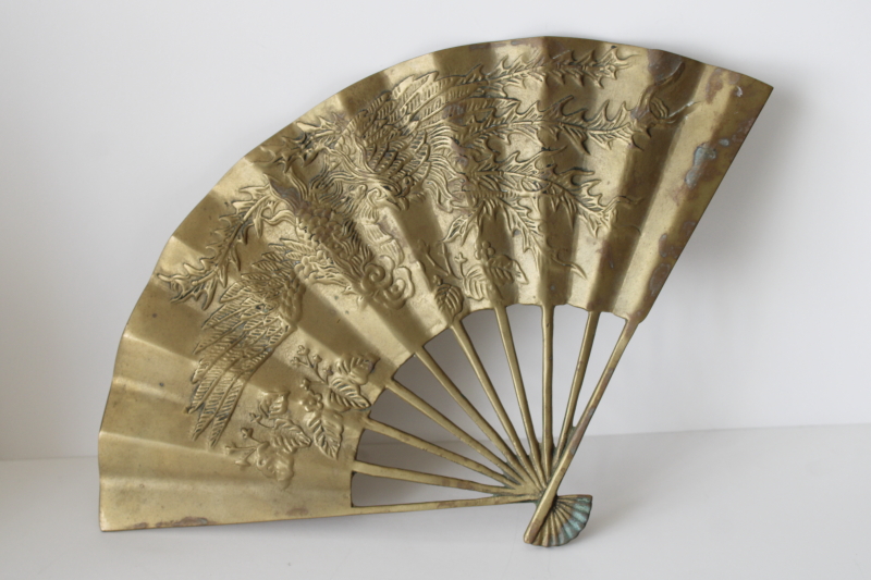photo of vintage brass fan w/ dragon or phoenix bird, heavy solid brass wall art hanging plaque  #1