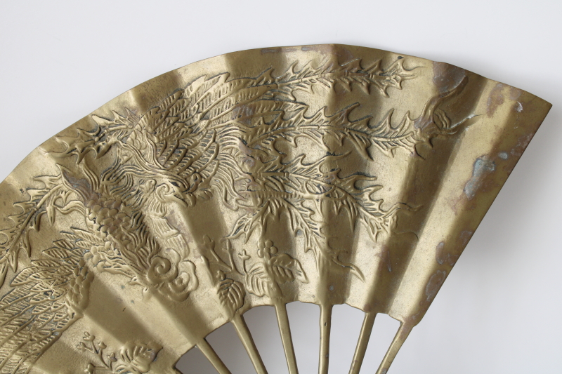 photo of vintage brass fan w/ dragon or phoenix bird, heavy solid brass wall art hanging plaque  #2