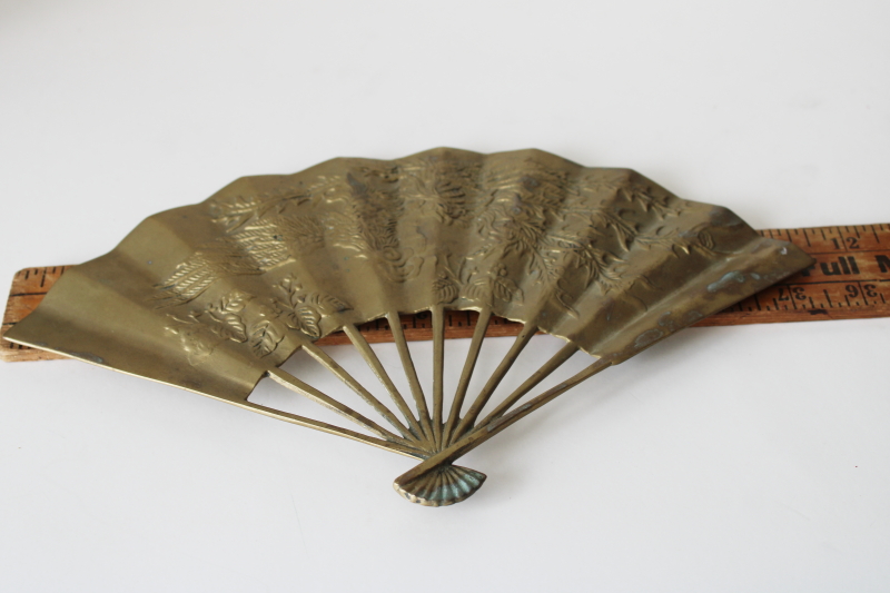photo of vintage brass fan w/ dragon or phoenix bird, heavy solid brass wall art hanging plaque  #3