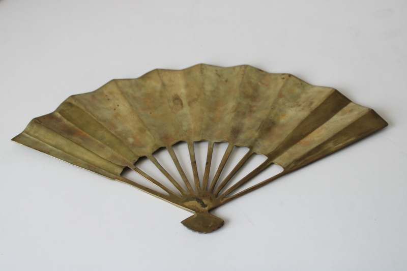 photo of vintage brass fan w/ dragon or phoenix bird, heavy solid brass wall art hanging plaque  #4