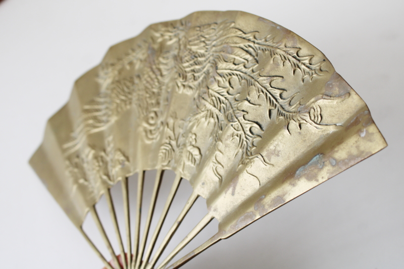 photo of vintage brass fan w/ dragon or phoenix bird, heavy solid brass wall art hanging plaque  #5