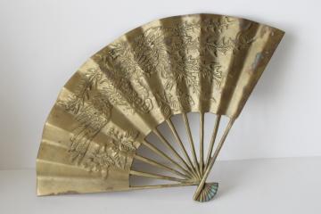 catalog photo of vintage brass fan w/ dragon or phoenix bird, heavy solid brass wall art hanging plaque 