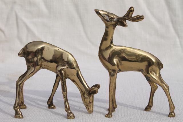 photo of vintage brass figurines, solid brass buck & doe deer or reindeer, retro holiday decor #5