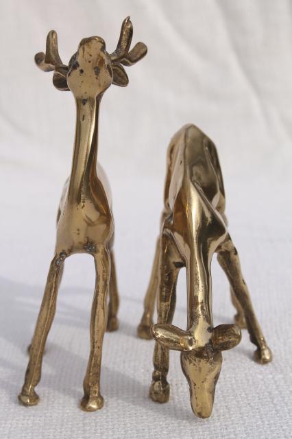 photo of vintage brass figurines, solid brass buck & doe deer or reindeer, retro holiday decor #6