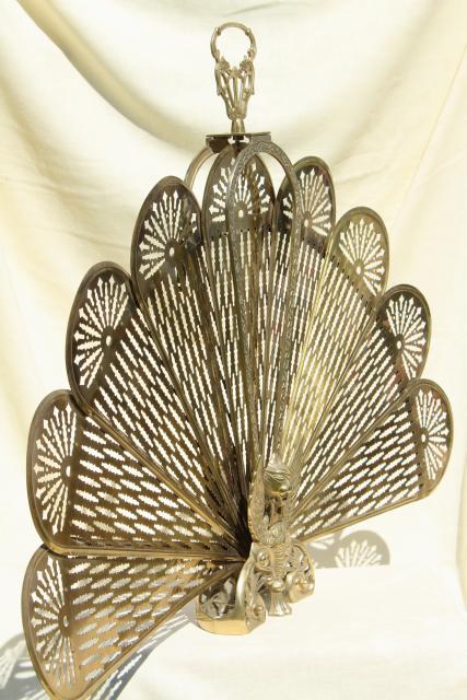 photo of vintage brass fireplace screen, folding fan fire screen w/ winged phoenix or peacock #1