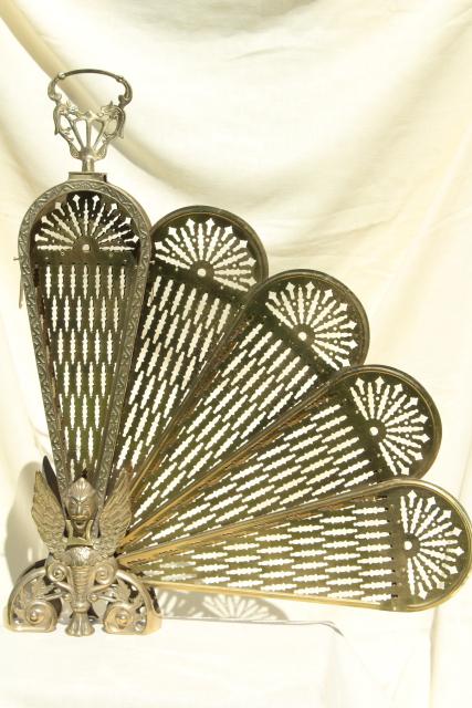 photo of vintage brass fireplace screen, folding fan fire screen w/ winged phoenix or peacock #3