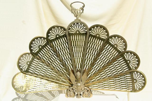 photo of vintage brass fireplace screen, folding fan fire screen w/ winged phoenix or peacock #7