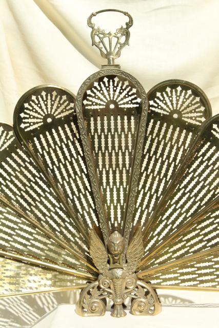 photo of vintage brass fireplace screen, folding fan fire screen w/ winged phoenix or peacock #8