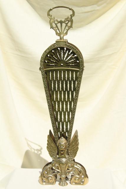 photo of vintage brass fireplace screen, folding fan fire screen w/ winged phoenix or peacock #9