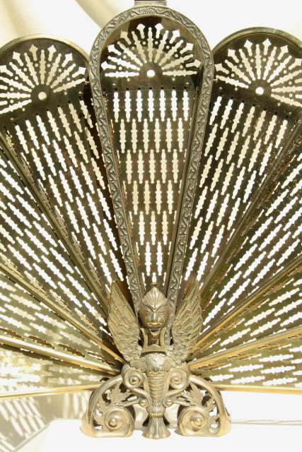 photo of vintage brass fireplace screen, folding fan fire screen w/ winged phoenix or peacock #12