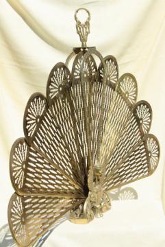 catalog photo of vintage brass fireplace screen, folding fan fire screen w/ winged phoenix or peacock