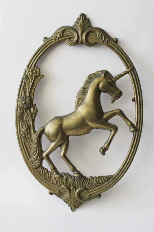 photo of vintage brass frame unicorn wall plaque, ornate crest magical mystical fantasy art #1