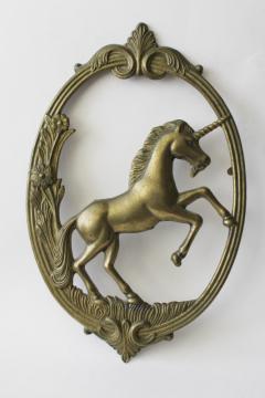 catalog photo of vintage brass frame unicorn wall plaque, ornate crest magical mystical fantasy art