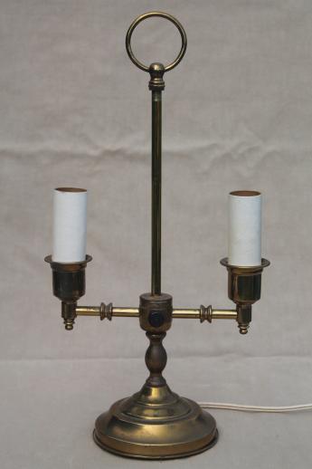 photo of vintage brass game table lamp or student lamp w/ twin light branched candle stick base #1