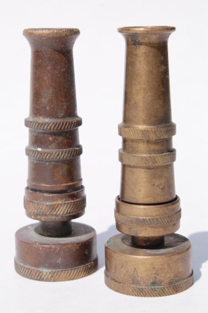 photo of vintage brass garden hose nozzles, solid brass w/ primitive old patina #1