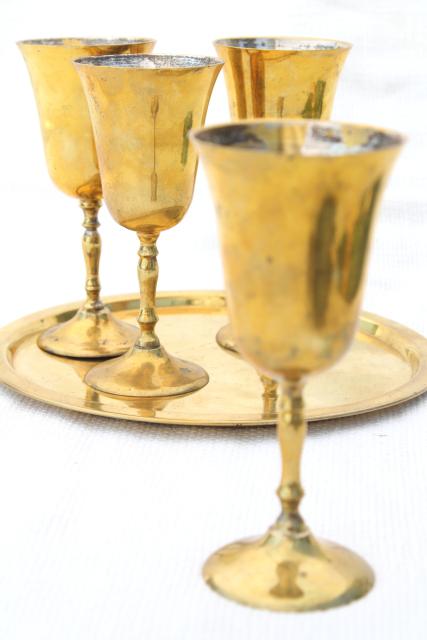 photo of vintage brass goblets & tray, beautiful golden wine glasses in solid brass #1