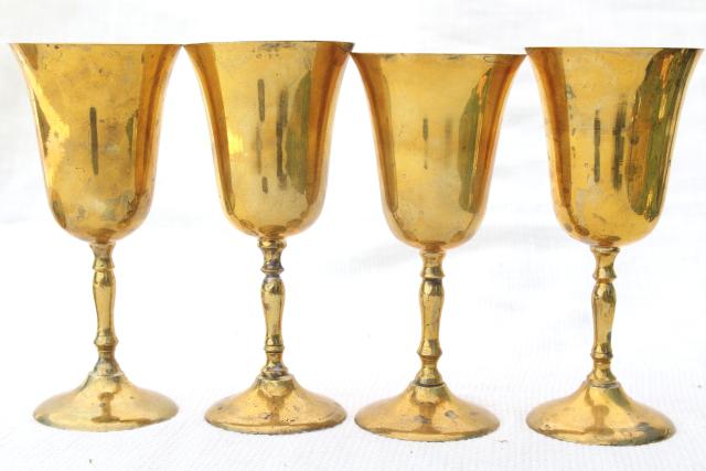 photo of vintage brass goblets & tray, beautiful golden wine glasses in solid brass #2