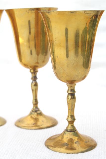 photo of vintage brass goblets & tray, beautiful golden wine glasses in solid brass #3