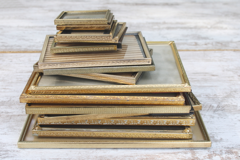 photo of vintage brass gold metal picture photo frames lot, whole gallery wall all easel stand frames #7