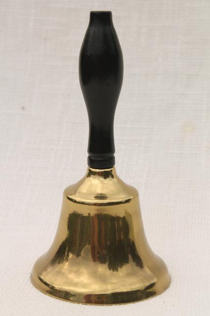 photo of vintage brass hand bell, teacher's desk school house bell w/ old wood handle #2