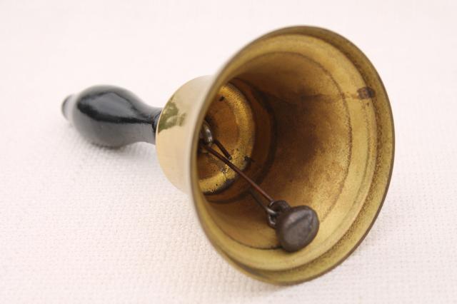 photo of vintage brass hand bell, teacher's desk school house bell w/ old wood handle #4