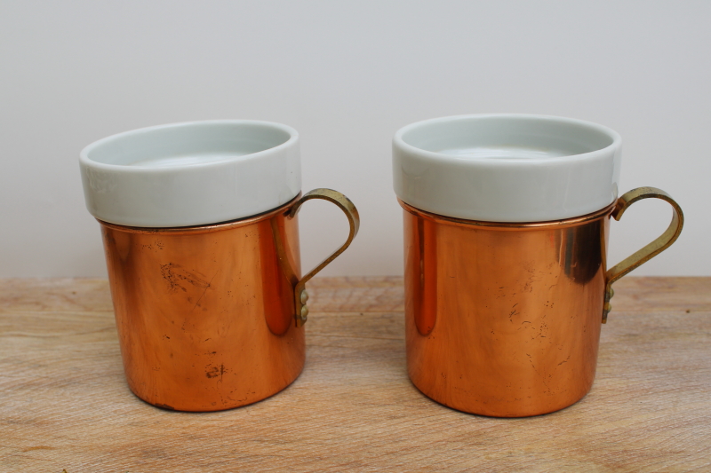 photo of vintage brass handle copper mugs w/ ceramic inserts, removable white china cups #1