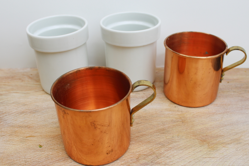 photo of vintage brass handle copper mugs w/ ceramic inserts, removable white china cups #2