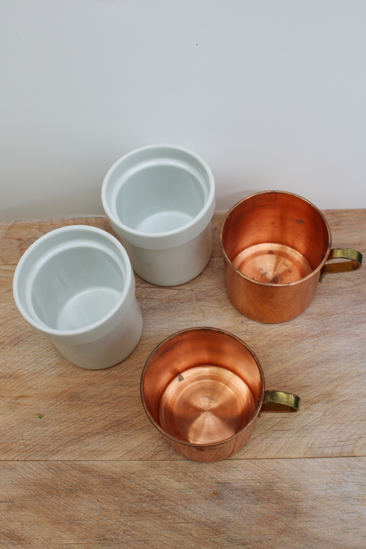 photo of vintage brass handle copper mugs w/ ceramic inserts, removable white china cups #3