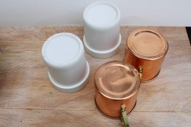 photo of vintage brass handle copper mugs w/ ceramic inserts, removable white china cups #4