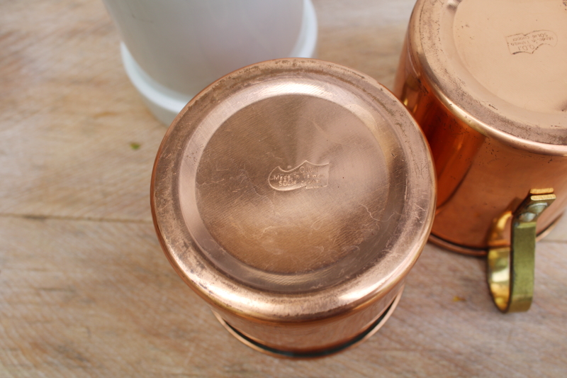 photo of vintage brass handle copper mugs w/ ceramic inserts, removable white china cups #5