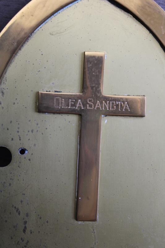 photo of vintage brass holy oil door w/ raised cross, architectural piece from old Catholic church #2