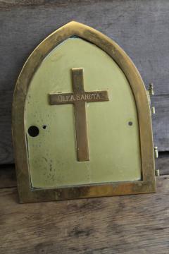 catalog photo of vintage brass holy oil door w/ raised cross, architectural piece from old Catholic church