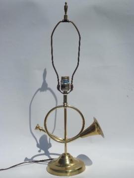 catalog photo of vintage brass horn piano lamp, music room table lamp or desk light