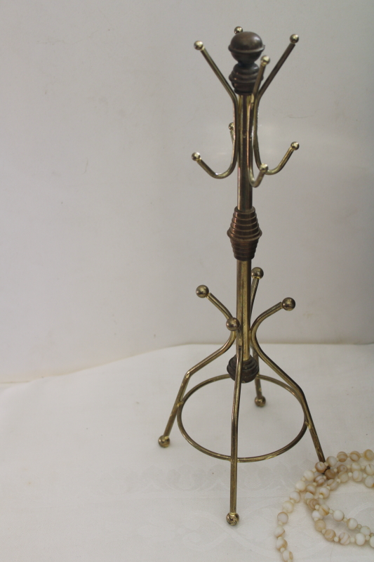 photo of vintage brass jewelry stand, tiny coat tree rack w/ hanging hooks #1