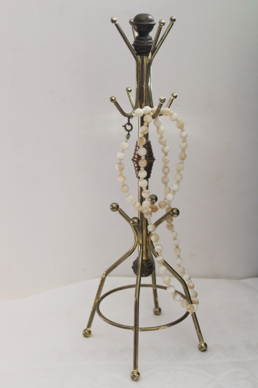 photo of vintage brass jewelry stand, tiny coat tree rack w/ hanging hooks #2