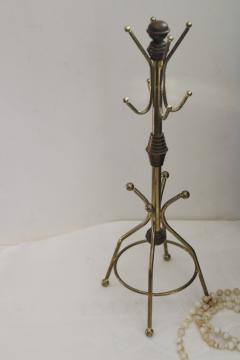 catalog photo of vintage brass jewelry stand, tiny coat tree rack w/ hanging hooks