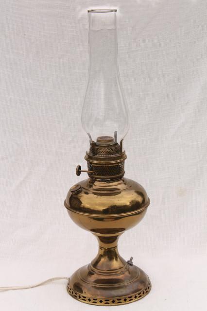 photo of vintage brass lamp w/ glass chimney, old oil lamp converted to electric light #1