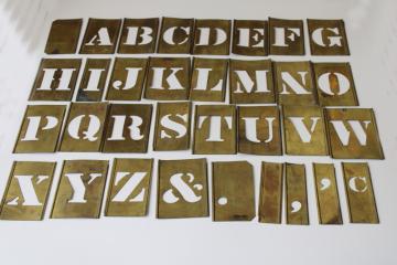 catalog photo of vintage brass letter stencils, sign & box lettering full alphabet interlocking 