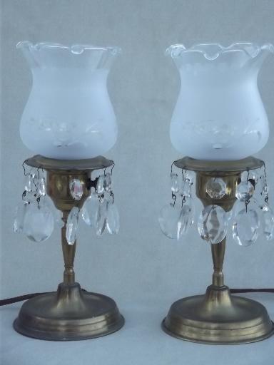 photo of vintage brass mantel lamps pair w/ glass shades and teardrop prisms #1