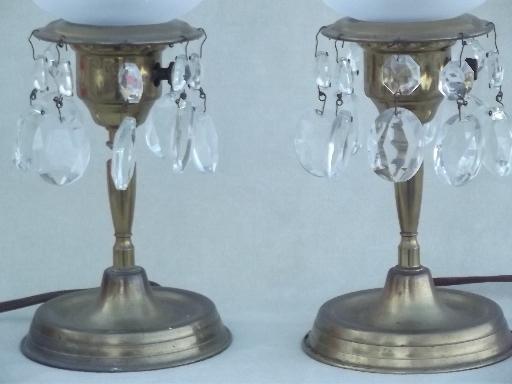 photo of vintage brass mantel lamps pair w/ glass shades and teardrop prisms #3