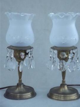 catalog photo of vintage brass mantel lamps pair w/ glass shades and teardrop prisms