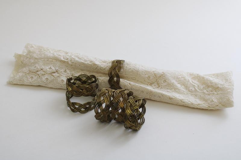 photo of vintage brass napkin holder rings, braided basketweave wirework bohemian style #1