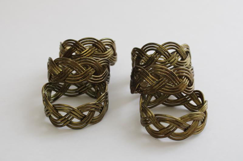 photo of vintage brass napkin holder rings, braided basketweave wirework bohemian style #2