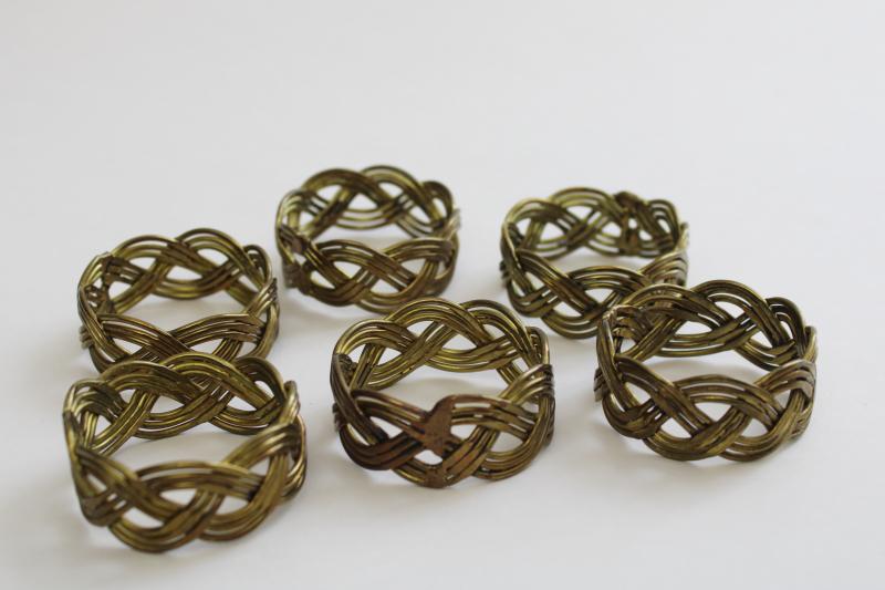 photo of vintage brass napkin holder rings, braided basketweave wirework bohemian style #3