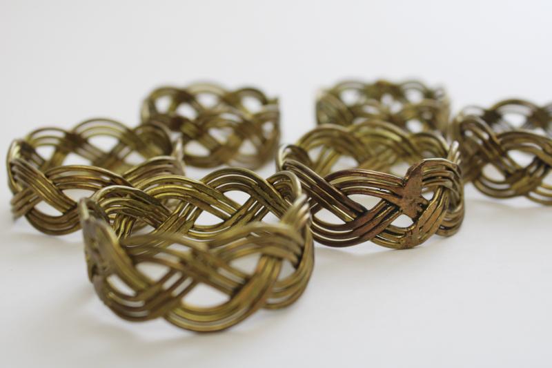 photo of vintage brass napkin holder rings, braided basketweave wirework bohemian style #4