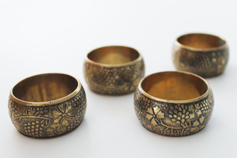 photo of vintage brass napkin rings w/ hand tooled carving, grapevine and flowers #1