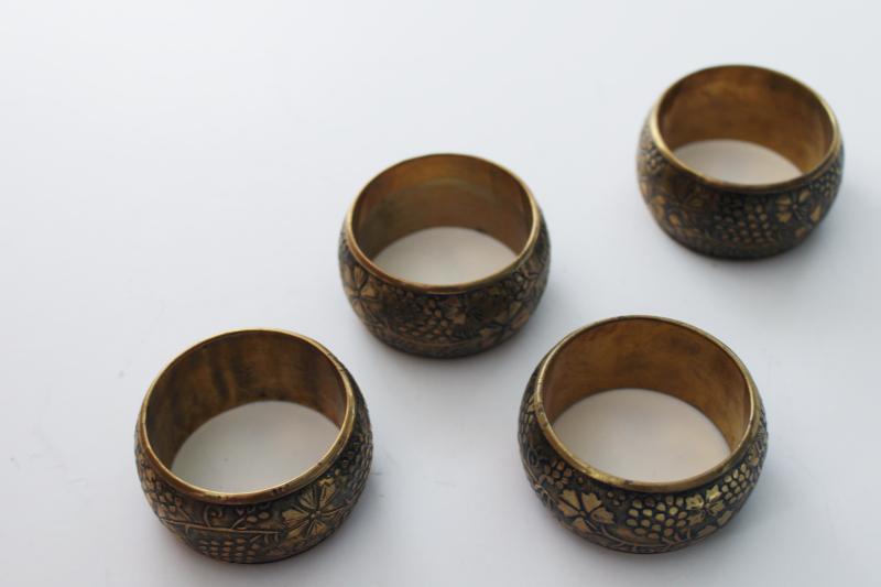 photo of vintage brass napkin rings w/ hand tooled carving, grapevine and flowers #2