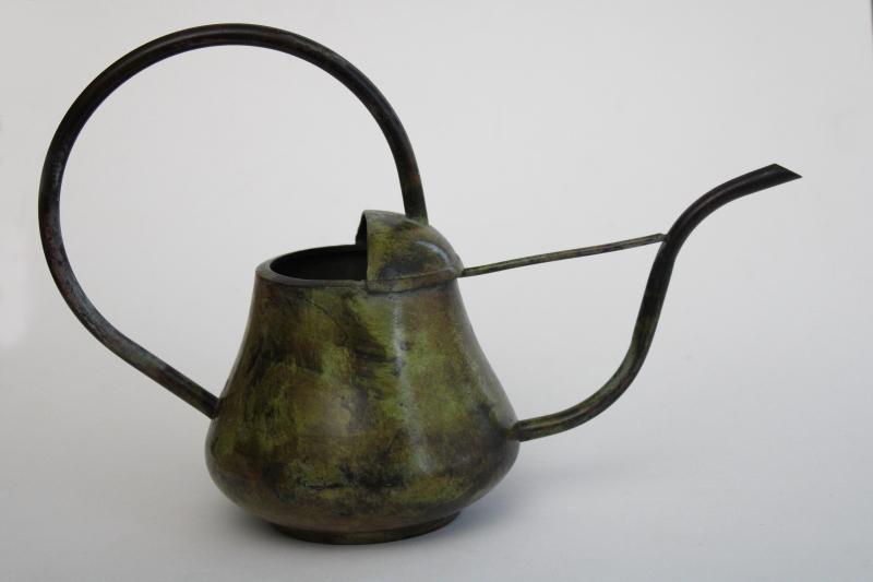 photo of vintage brass or bronze watering can w/ long spout, antique verdigris painted finish #2